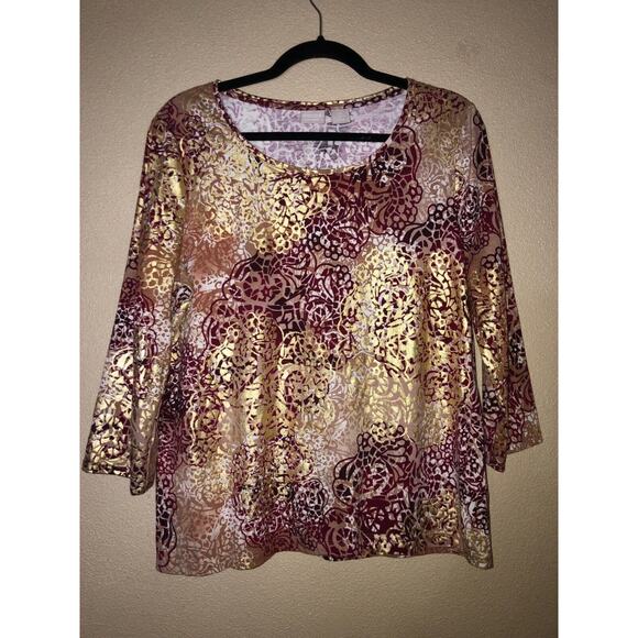 Chico’s Artsy Edgy Festival Floral Metallic Mob Wife Business 3/4 Sleeve Top - Picture 1 of 6